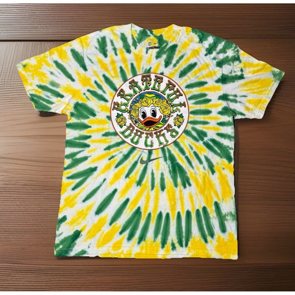 Oregon Ducks T-Shirt Nike Grateful Ducks Tie-Dye Green & Yellow Size Medium NWOT